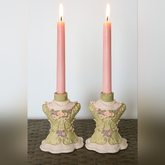 carnaby collection Other - Vintage Green and Pink Candle Holders with Ornate Details